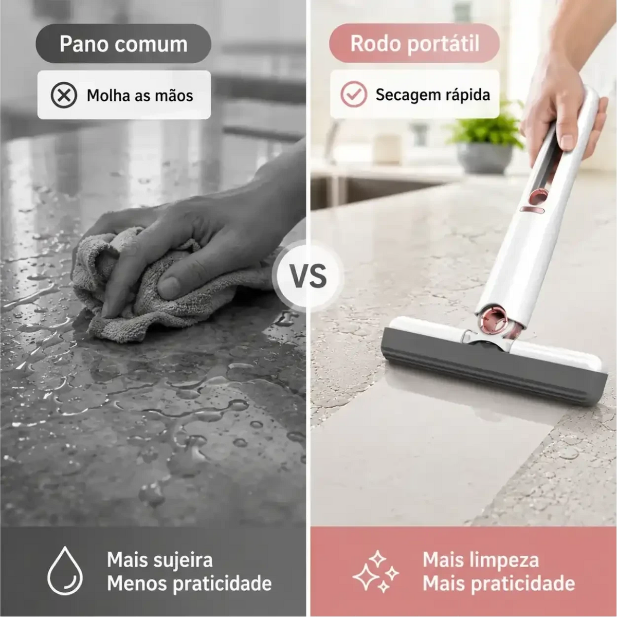 Comparativo Decoricasa mostrando a eficiência do Mini Mop Pro contra pano comum na limpeza de bancadas