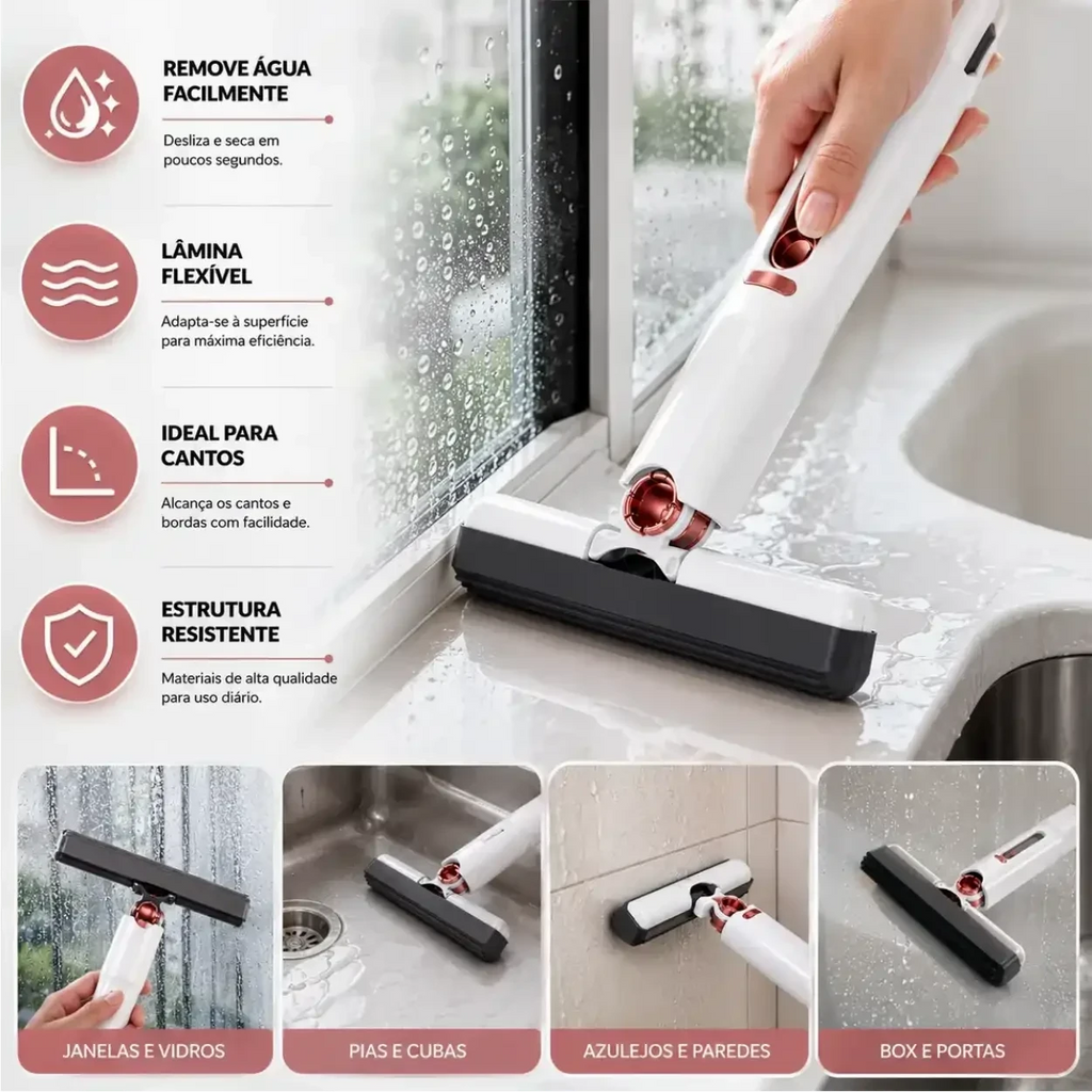 Mini Mop Pro Decoricasa branco com esponja preta limpando vidro, pia e azulejo com sistema de torção retrátil