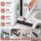 Mini Mop Pro Decoricasa branco com esponja preta limpando vidro, pia e azulejo com sistema de torção retrátil