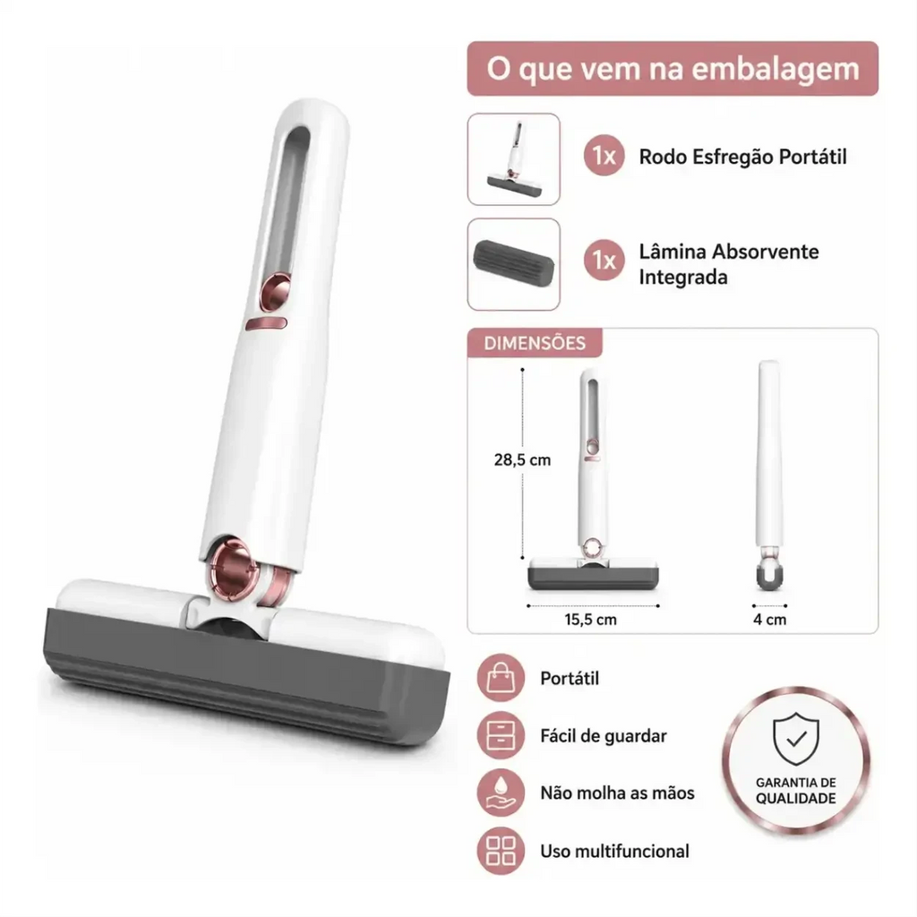 Mini Mop Pro Decoricasa branco com detalhes rose gold, esponja cinza, sistema retrátil e especificações técnicas.