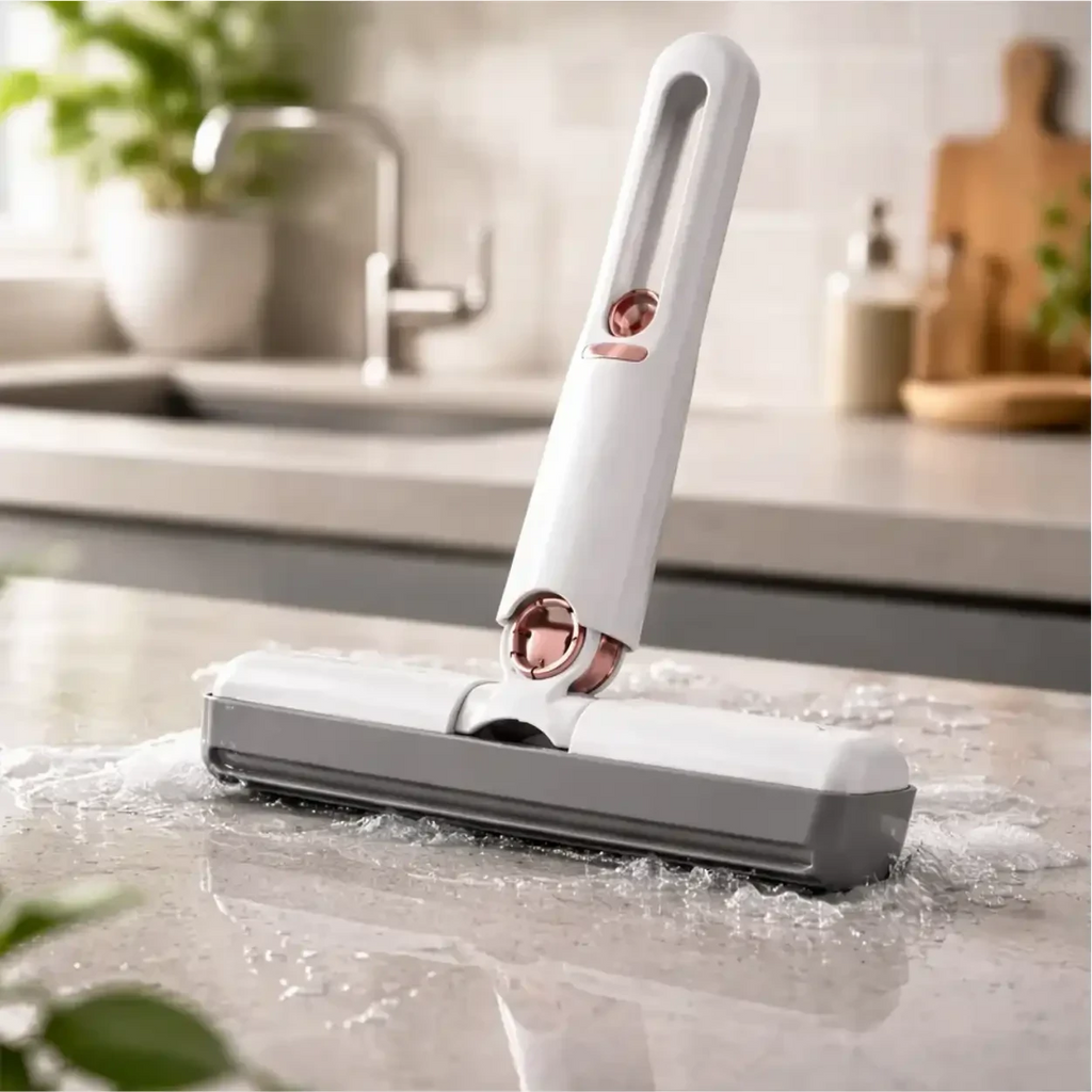 Mini Mop Pro Decoricasa branco e cinza com esponja absorvente limpando bancada de cozinha com sistema de torção