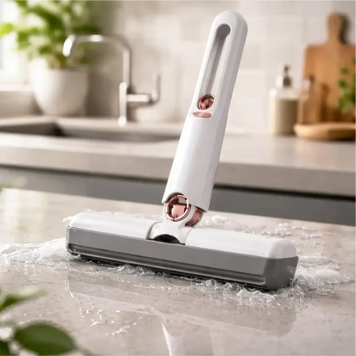 Mini Mop Pro Decoricasa branco e cinza com esponja absorvente limpando bancada de cozinha com sistema de torção