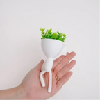 Mini vaso alpinista Decoricasa branco com planta artificial verde sendo segurado na palma da mão