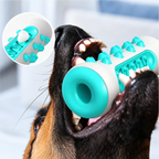Cachorro mordendo brinquedo dental Decoricasa 3 em 1 de borracha branca e azul para limpeza de tártaro
