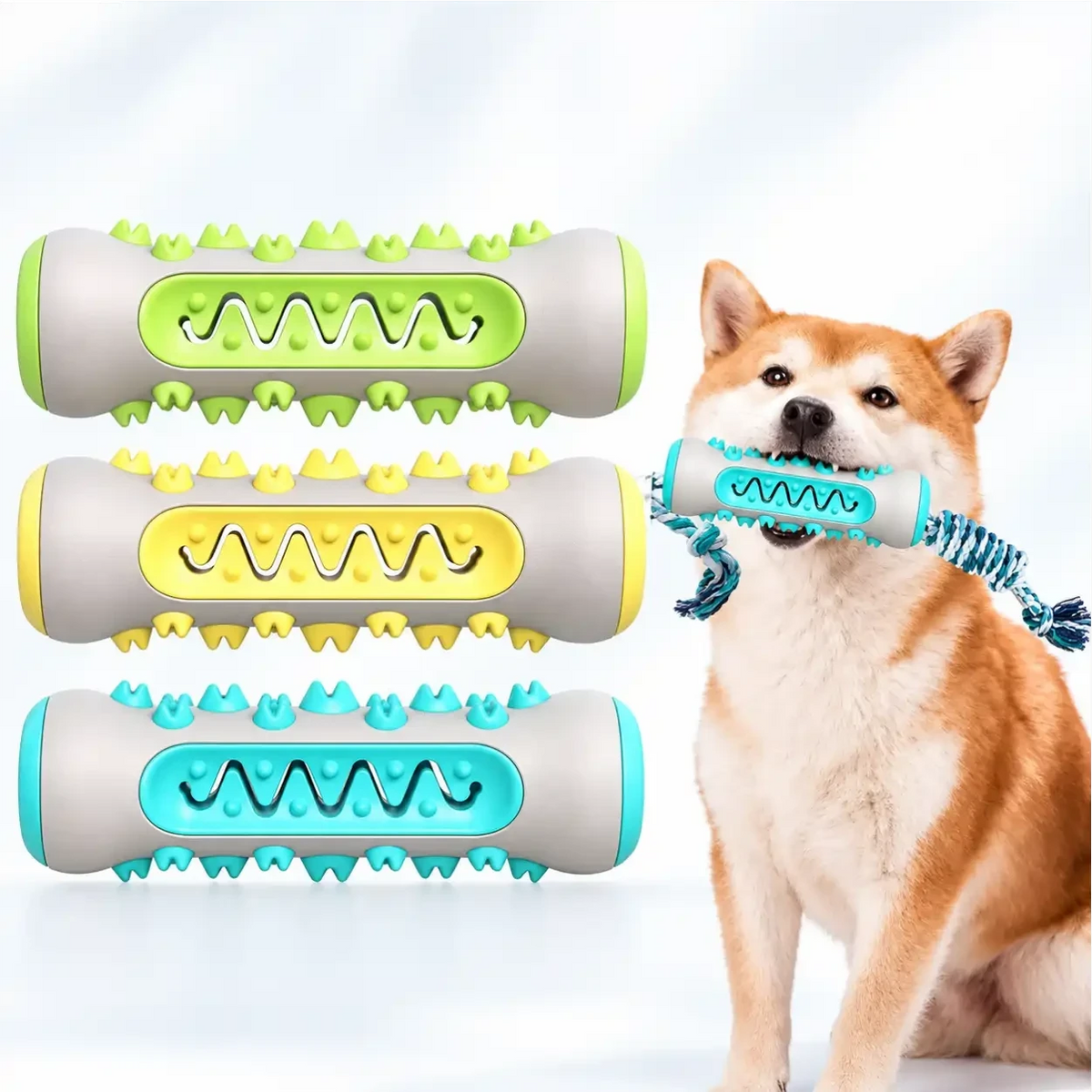 Mordedor dental Decoricasa em formato de osso com cerdas para limpeza e cachorro Shiba Inu brincando com o brinquedo