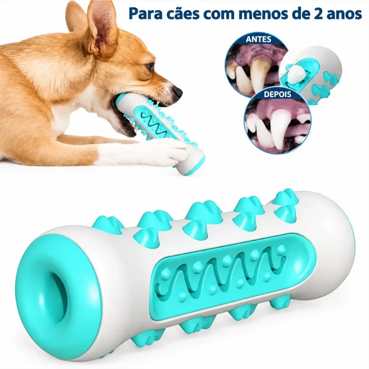 Mordedor dental Decoricasa em formato de osso azul e branco com cerdas para limpeza e remoção de tártaro em cães