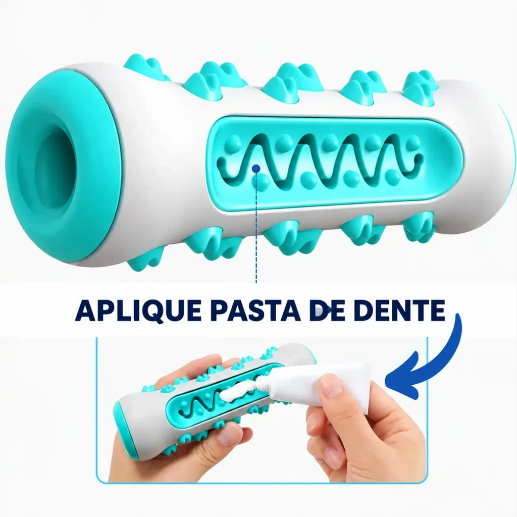 Mordedor dental Decoricasa em formato de osso branco e azul com cerdas para limpeza e aplicação de pasta de dente