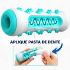 Mordedor dental Decoricasa em formato de osso branco e azul com cerdas para limpeza e aplicação de pasta de dente