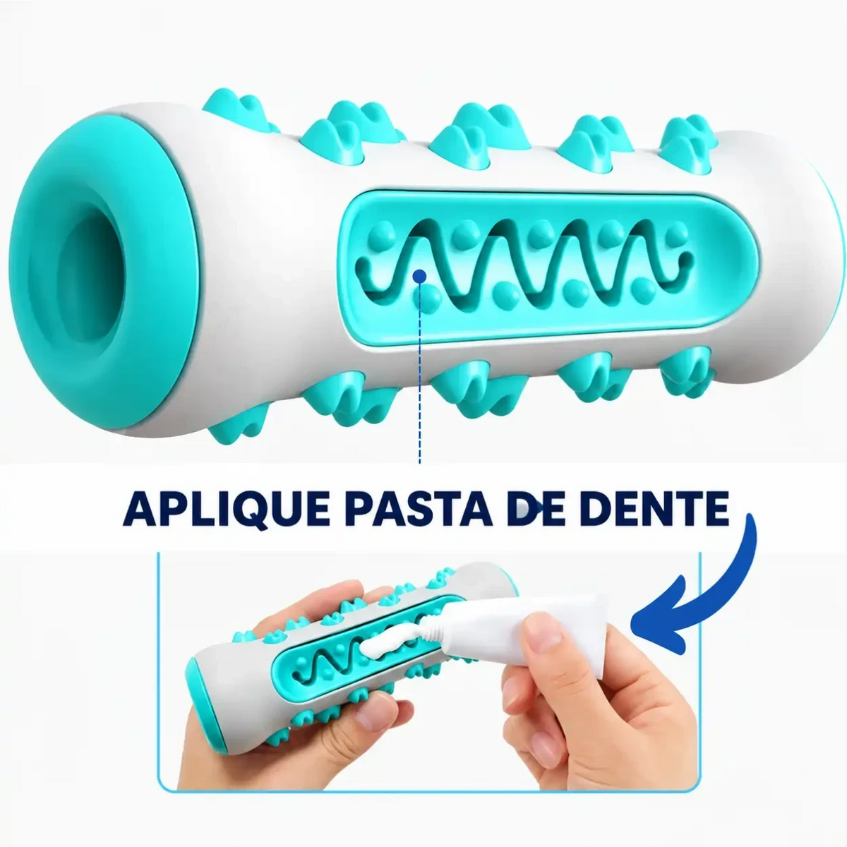 Mordedor dental Decoricasa em formato de osso branco e azul com cerdas para limpeza e aplicação de pasta de dente