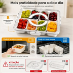 Organizador de alimentos Decoricasa em acrílico com 8 divisórias removíveis, tampa com alça e instruções de uso.