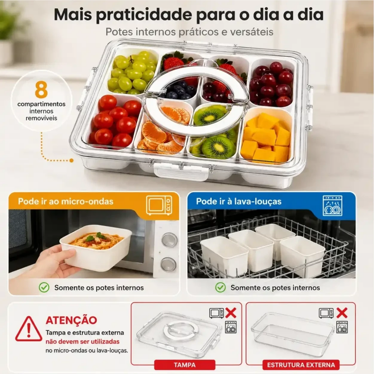 Organizador de alimentos Decoricasa em acrílico com 8 divisórias removíveis, tampa com alça e instruções de uso.