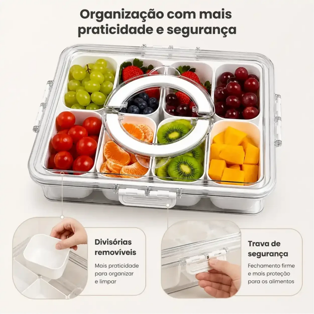 Organizador de alimentos Decoricasa em acrílico transparente com 8 divisórias removíveis, tampa com trava e alça.