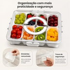 Organizador de alimentos Decoricasa em acrílico transparente com 8 divisórias removíveis, tampa com trava e alça.