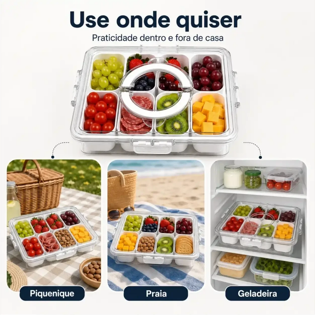 Organizador de alimentos Decoricasa em acrílico com 8 divisórias, tampa e alça, ideal para geladeira, piquenique ou praia.