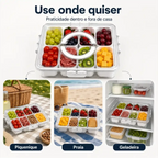Organizador de alimentos Decoricasa em acrílico com 8 divisórias, tampa e alça, ideal para geladeira, piquenique ou praia.