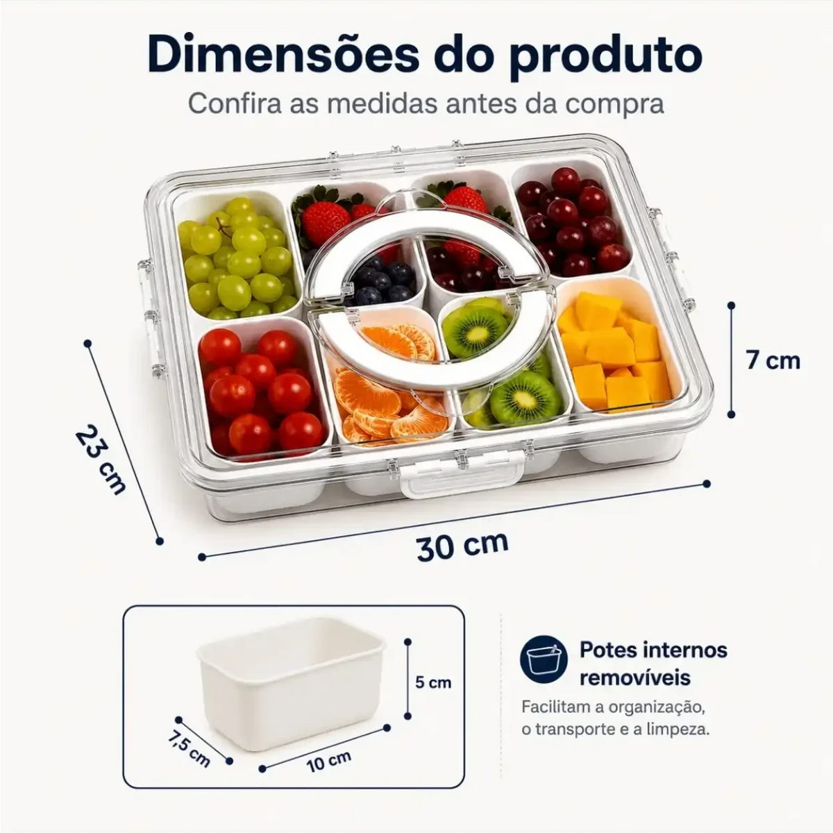 Organizador de alimentos Decoricasa em acrílico com 8 divisórias removíveis, tampa e alça, mostrando dimensões técnicas.