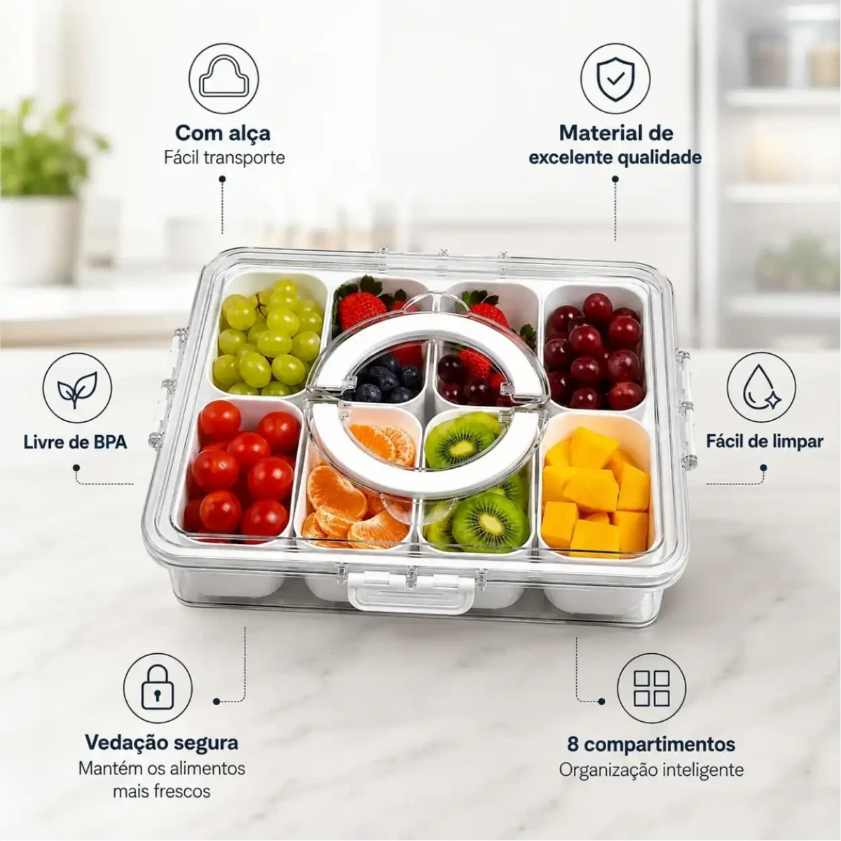 Organizador de alimentos Fresh Pro da Decoricasa em acrílico transparente com 8 divisórias, tampa e alça de transporte.