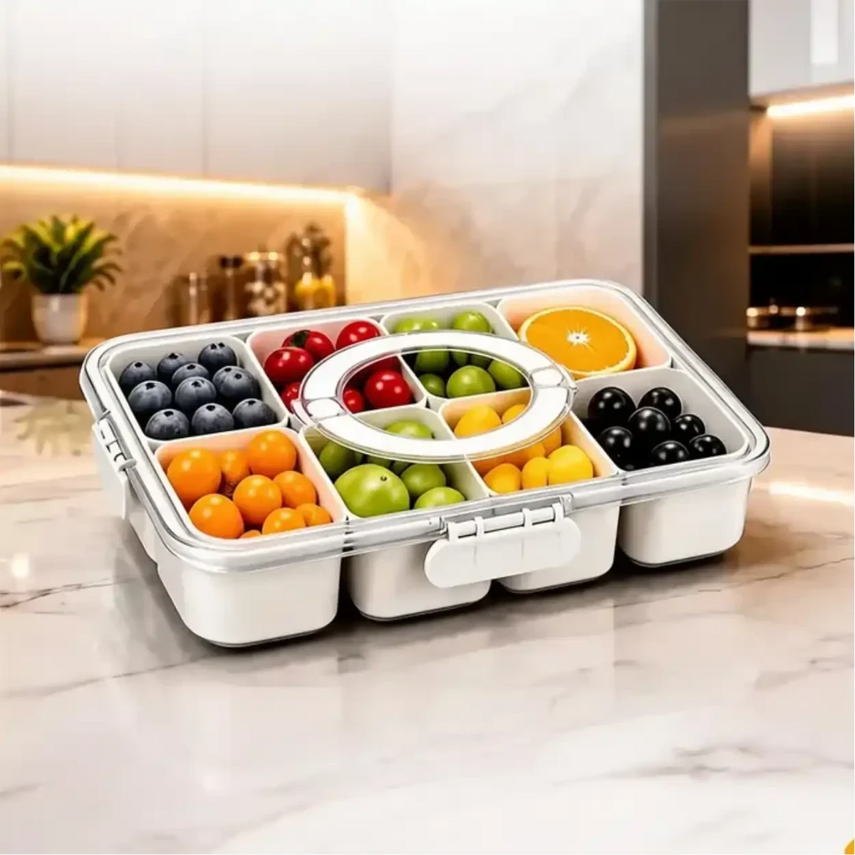 Organizador de alimentos Decoricasa Fresh Pro em acrílico transparente com 8 divisórias, tampa vedada e alça para frutas.