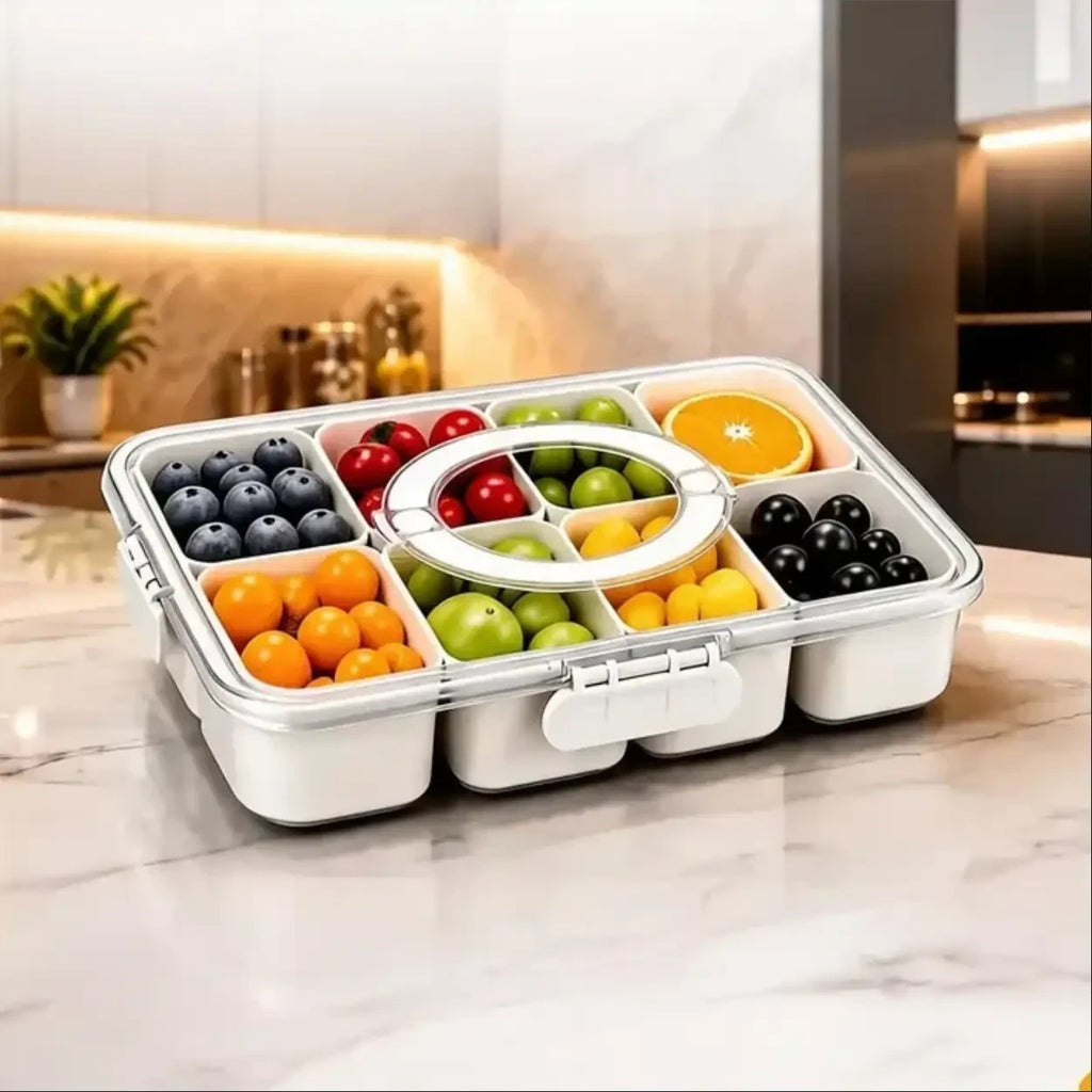 Organizador de alimentos Decoricasa em acrílico transparente com 8 divisórias, tampa vedada e alça, contendo frutas frescas.
