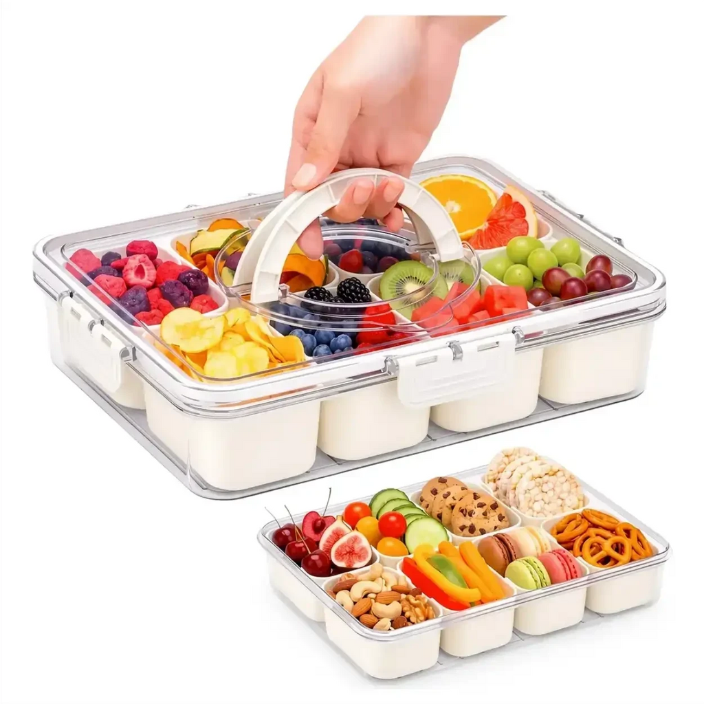 Organizador de alimentos Decoricasa em acrílico transparente com 8 divisórias, tampa vedada e alça para transporte.