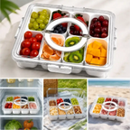 Organizador de alimentos Decoricasa em acrílico transparente com 8 divisórias, tampa vedada e alça para transporte.
