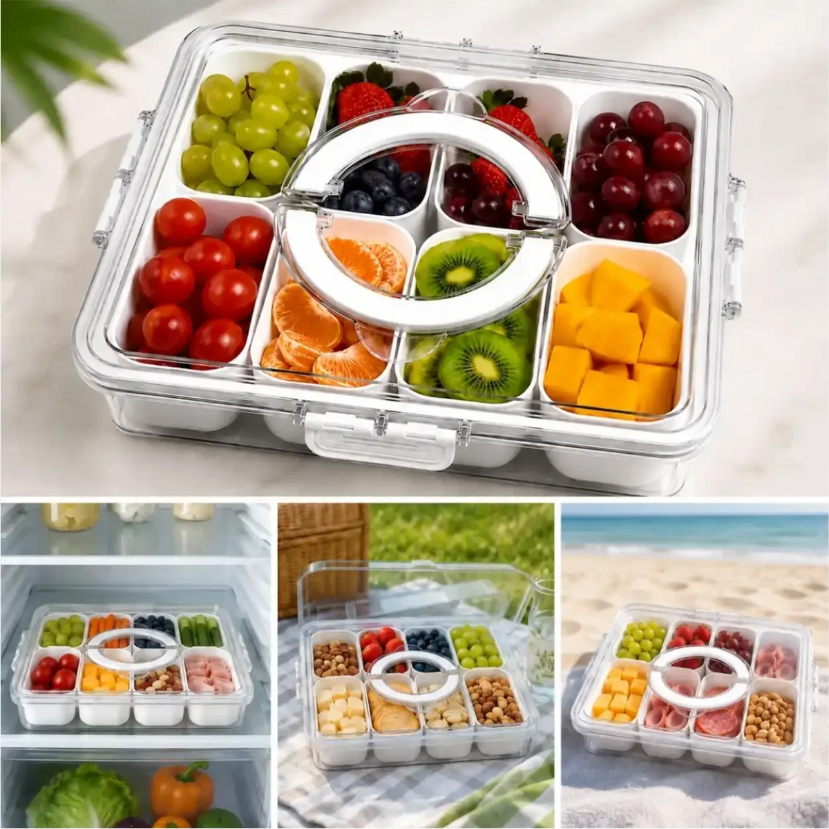 Organizador de alimentos Decoricasa em acrílico transparente com 8 divisórias, tampa vedada e alça para transporte.