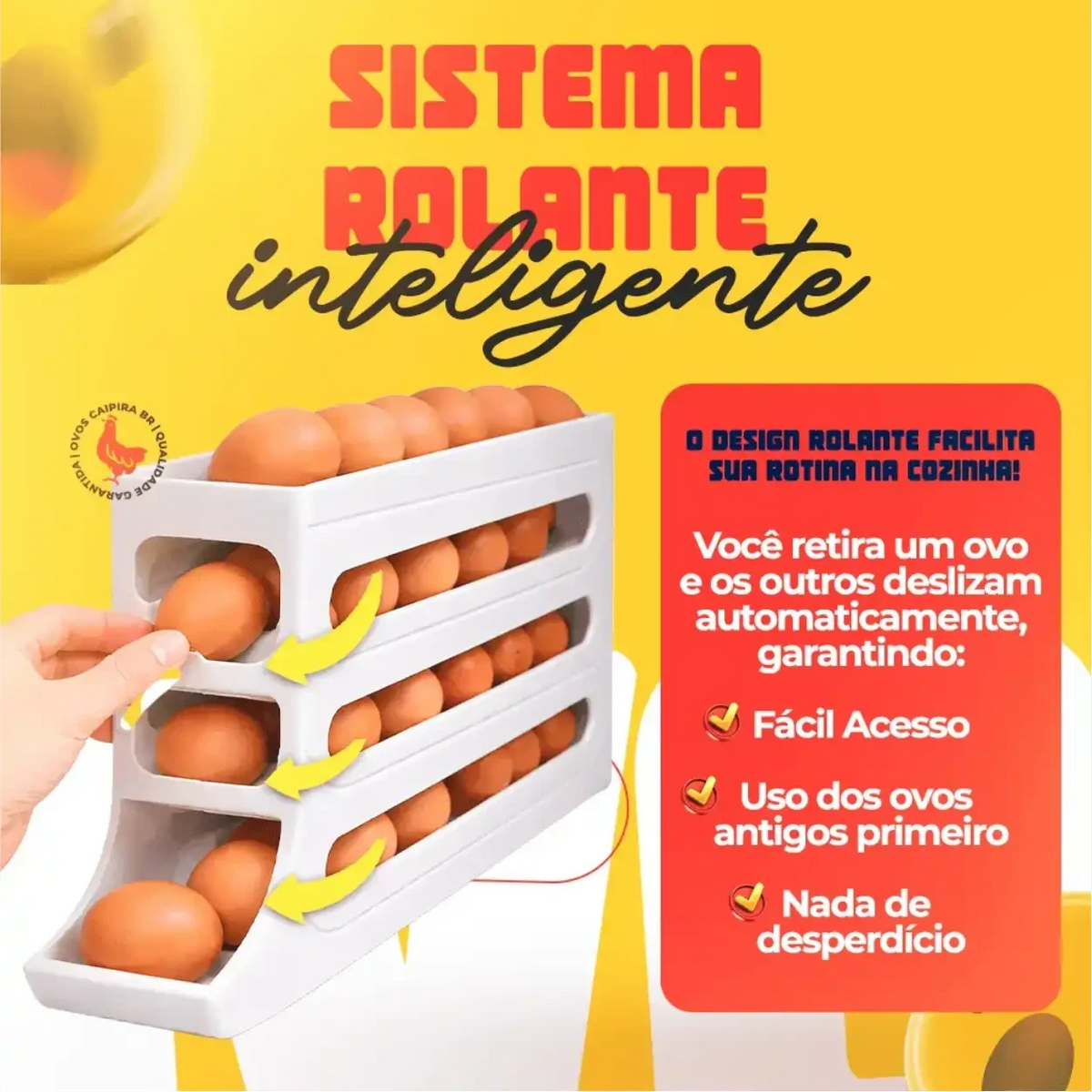 Organizador de ovos Decoricasa com 4 camadas deslizantes e sistema rolante automático para geladeira