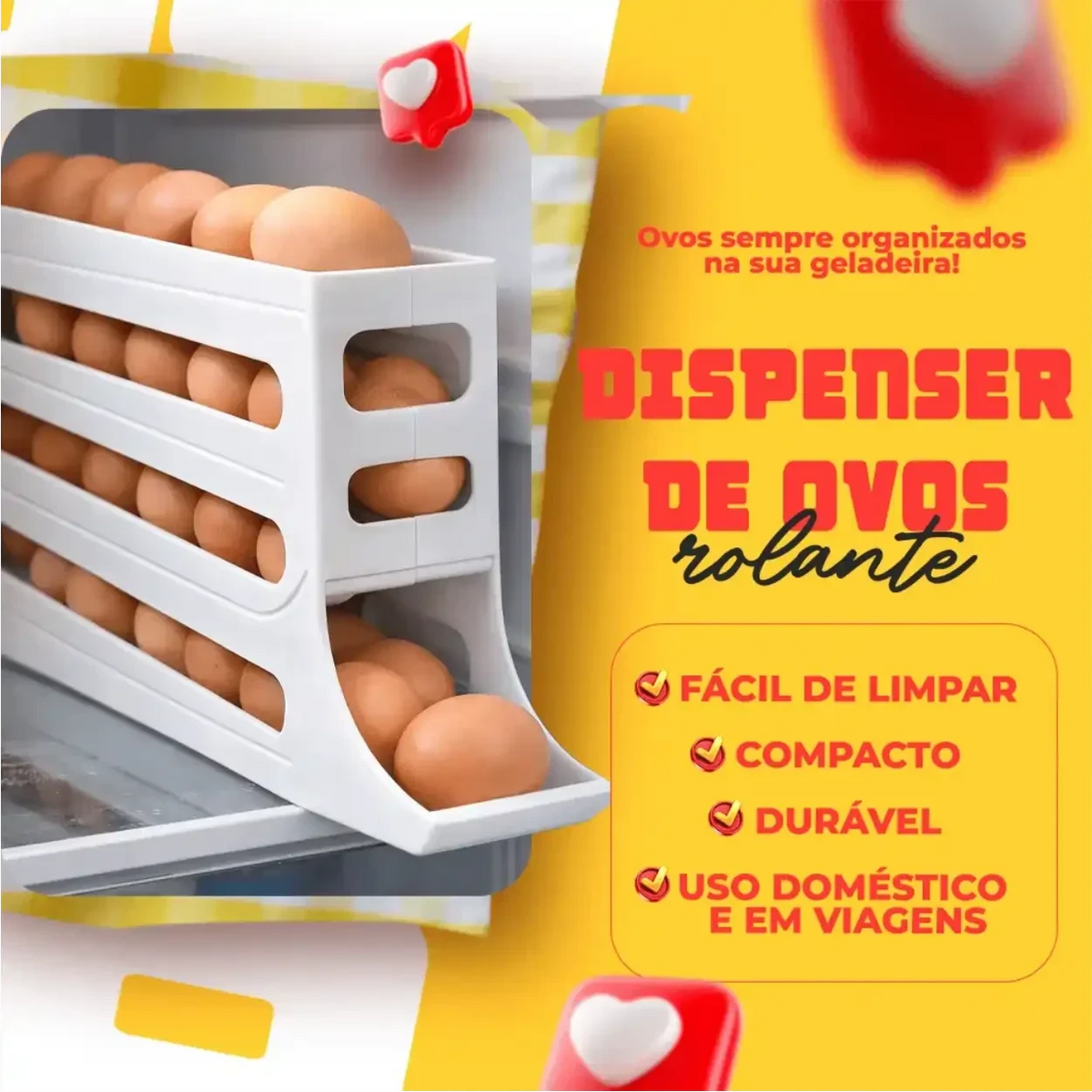 Organizador de ovos Decoricasa com 4 camadas deslizantes e sistema de rolamento automático para geladeira