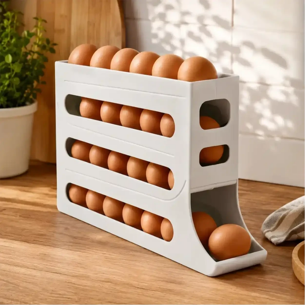 Organizador de ovos Decoricasa branco com 4 camadas deslizantes e rolamento automático para geladeira