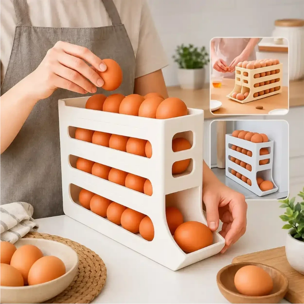 Organizador de ovos Decoricasa com 4 camadas deslizantes em polipropileno branco, mantendo ovos organizados na cozinha