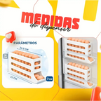 Organizador de ovos Decoricasa com 4 camadas deslizantes e medidas detalhadas para geladeira