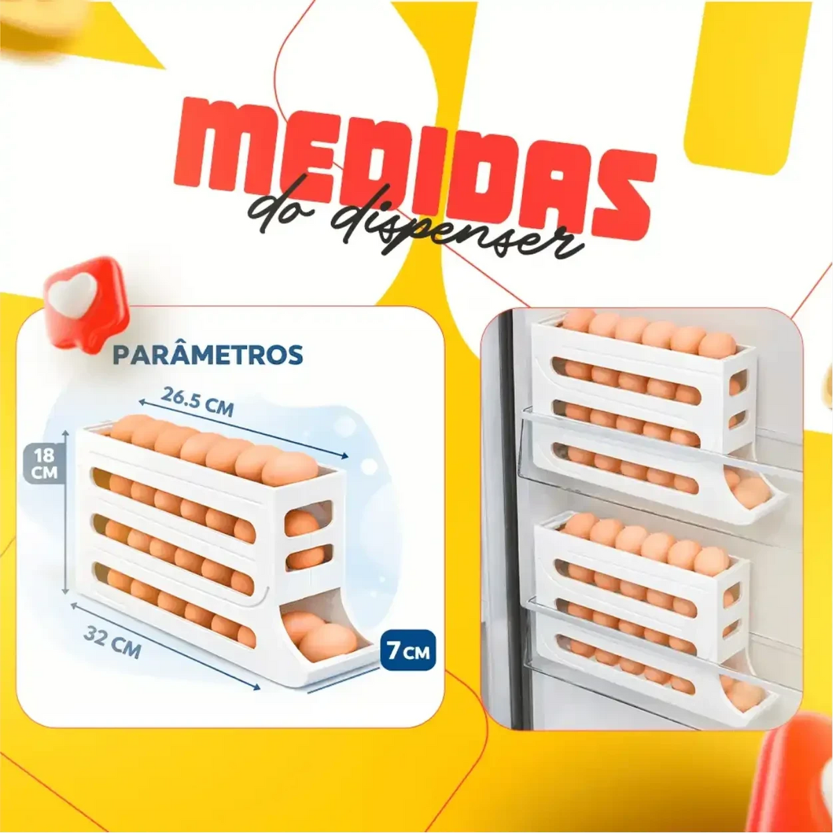 Organizador de ovos Decoricasa com 4 camadas deslizantes e medidas detalhadas para geladeira