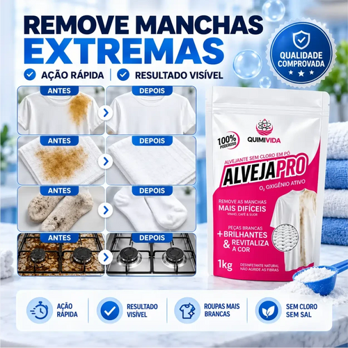 Decoricasa OxiPro alvejante em pó sem cloro demonstrando eficácia na remoção de manchas difíceis em roupas e superfícies