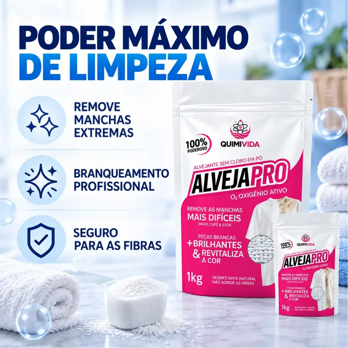 Embalagem do tira-manchas OxiPro Decoricasa em pó com oxigênio ativo para limpeza profunda de tecidos e superfícies.