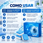 Infográfico Decoricasa mostrando o passo a passo de como usar a pastilha efervescente Puralav na máquina de lavar.