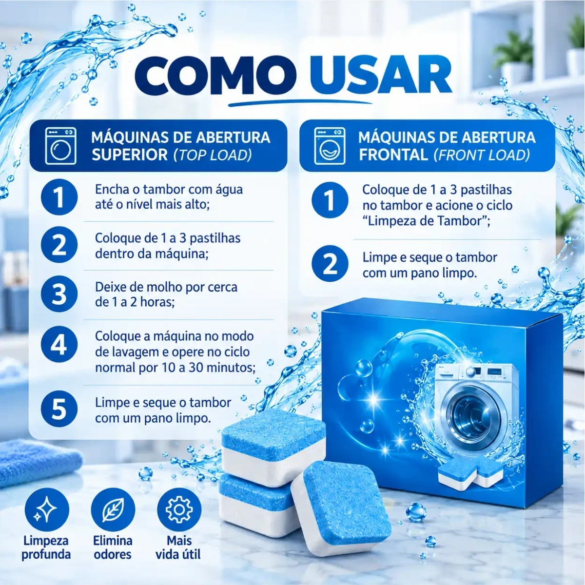 Infográfico Decoricasa mostrando o passo a passo de como usar a pastilha efervescente Puralav na máquina de lavar.