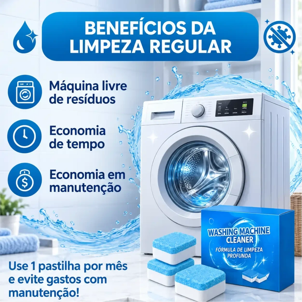 Pastilhas efervescentes Puralav Decoricasa para limpeza profunda de máquina de lavar, removendo mofo e resíduos.
