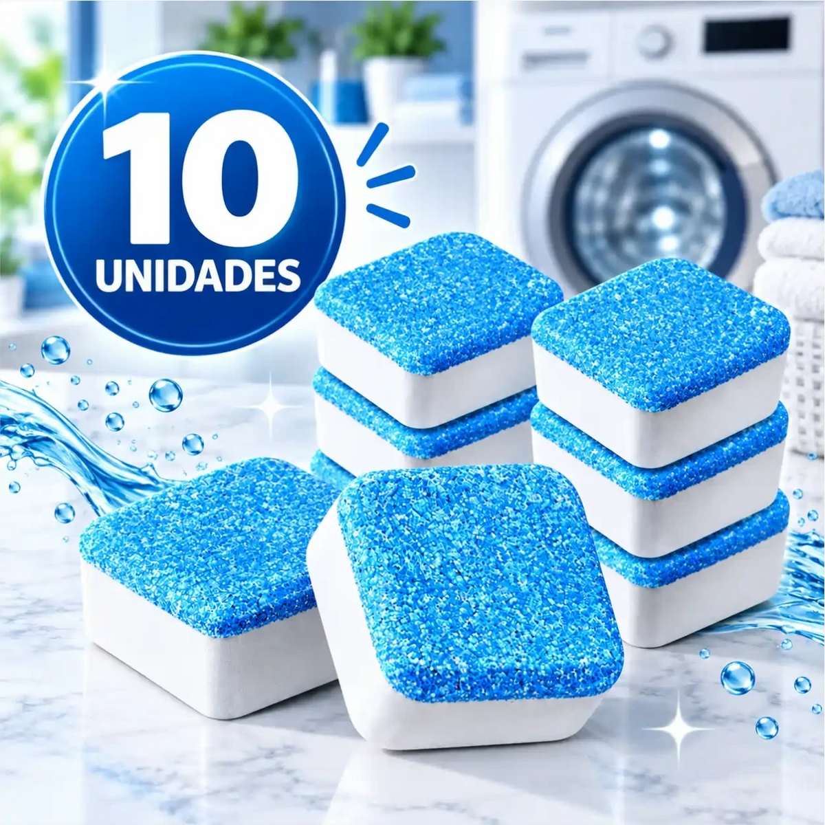 Pastilhas efervescentes Puralav Decoricasa azuis e brancas para limpeza profunda de máquinas de lavar