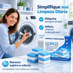 Mulher segurando pastilha efervescente Puralav Decoricasa para limpeza profunda de máquinas de lavar e sanitários.