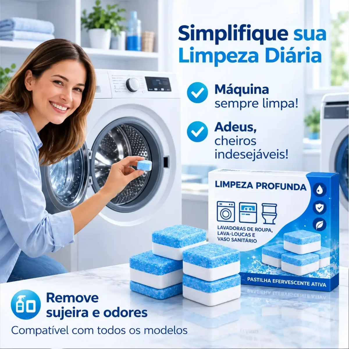 Mulher segurando pastilha efervescente Puralav Decoricasa para limpeza profunda de máquinas de lavar e sanitários.