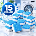 Pastilhas efervescentes Puralav Decoricasa para limpeza profunda de máquinas de lavar, embalagem com 15 unidades.