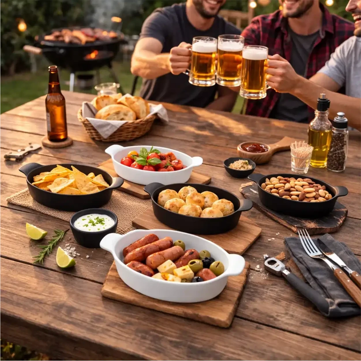 Mesa de madeira com petisqueiras Canoa Pett Pro Decoricasa brancas e pretas servindo petiscos em um churrasco ao ar livre.