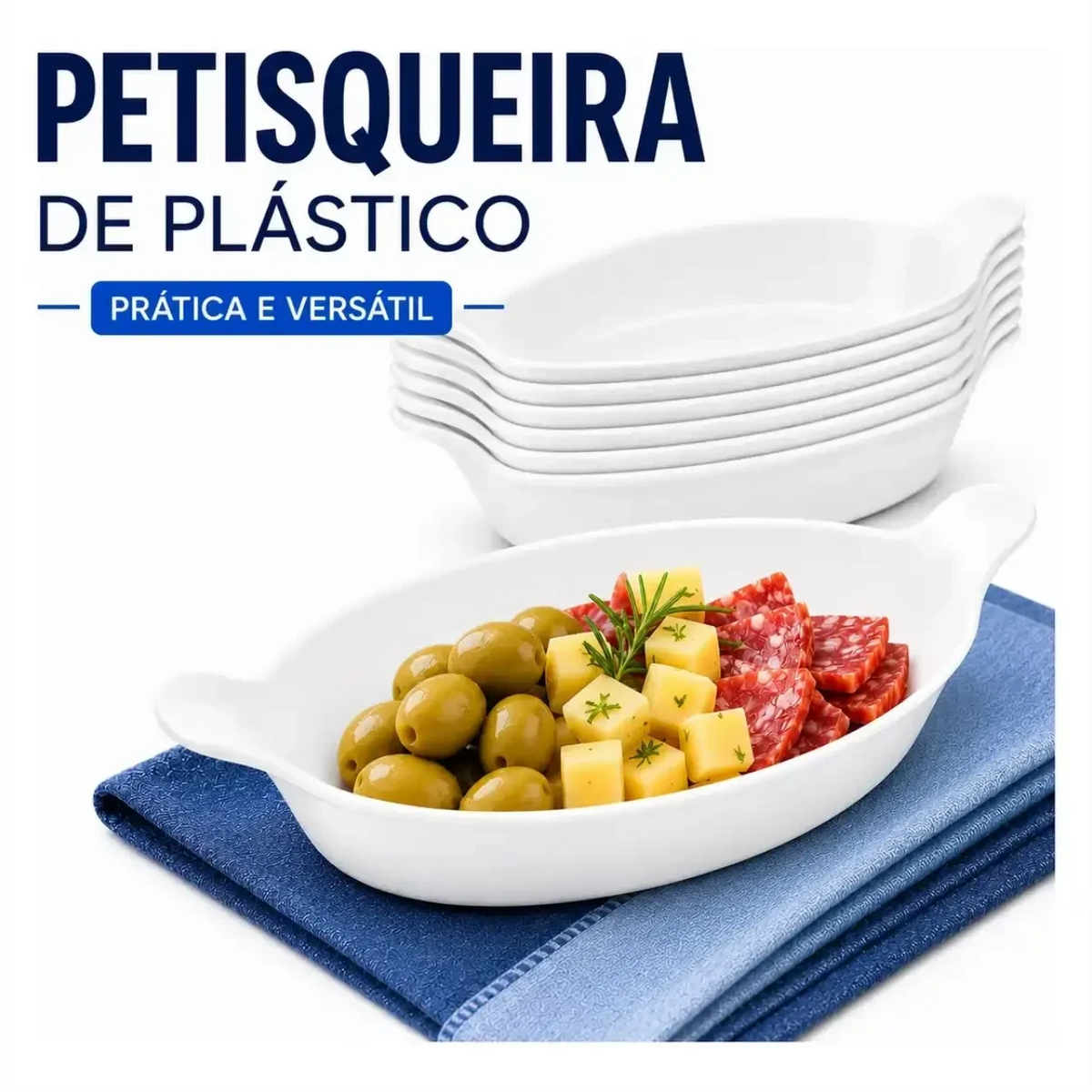 Kit de petisqueiras Decoricasa brancas em formato de canoa, empilhadas e servidas com azeitonas, queijo e salame.