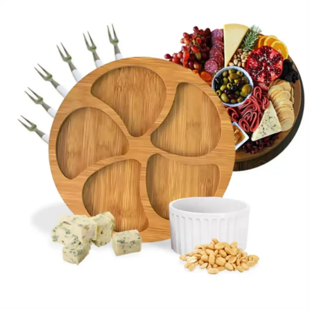 Kit Petisqueira Decoricasa redonda de bambu com molheira branca e garfinhos para servir frios e petiscos