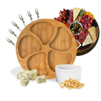 Kit Petisqueira Decoricasa redonda de bambu com molheira branca e garfinhos para servir frios e petiscos