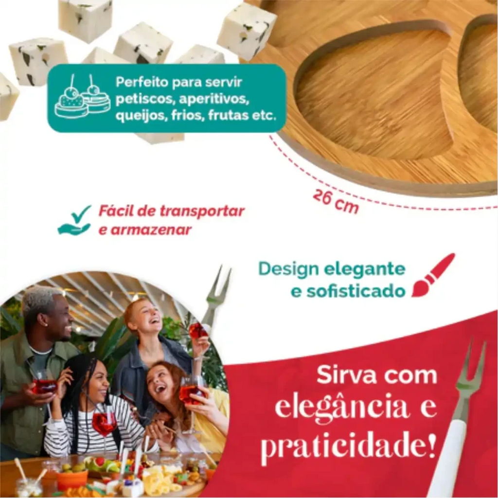 Kit Petisqueira Redonda Decoricasa de bambu com 26cm, molheira central e garfinhos para servir frios e petiscos.
