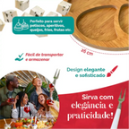 Kit Petisqueira Redonda Decoricasa de bambu com 26cm, molheira central e garfinhos para servir frios e petiscos.