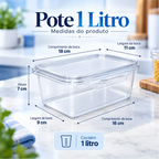 Pote hermético transparente de 1 litro Decoricasa com medidas técnicas detalhadas para organização de marmitas