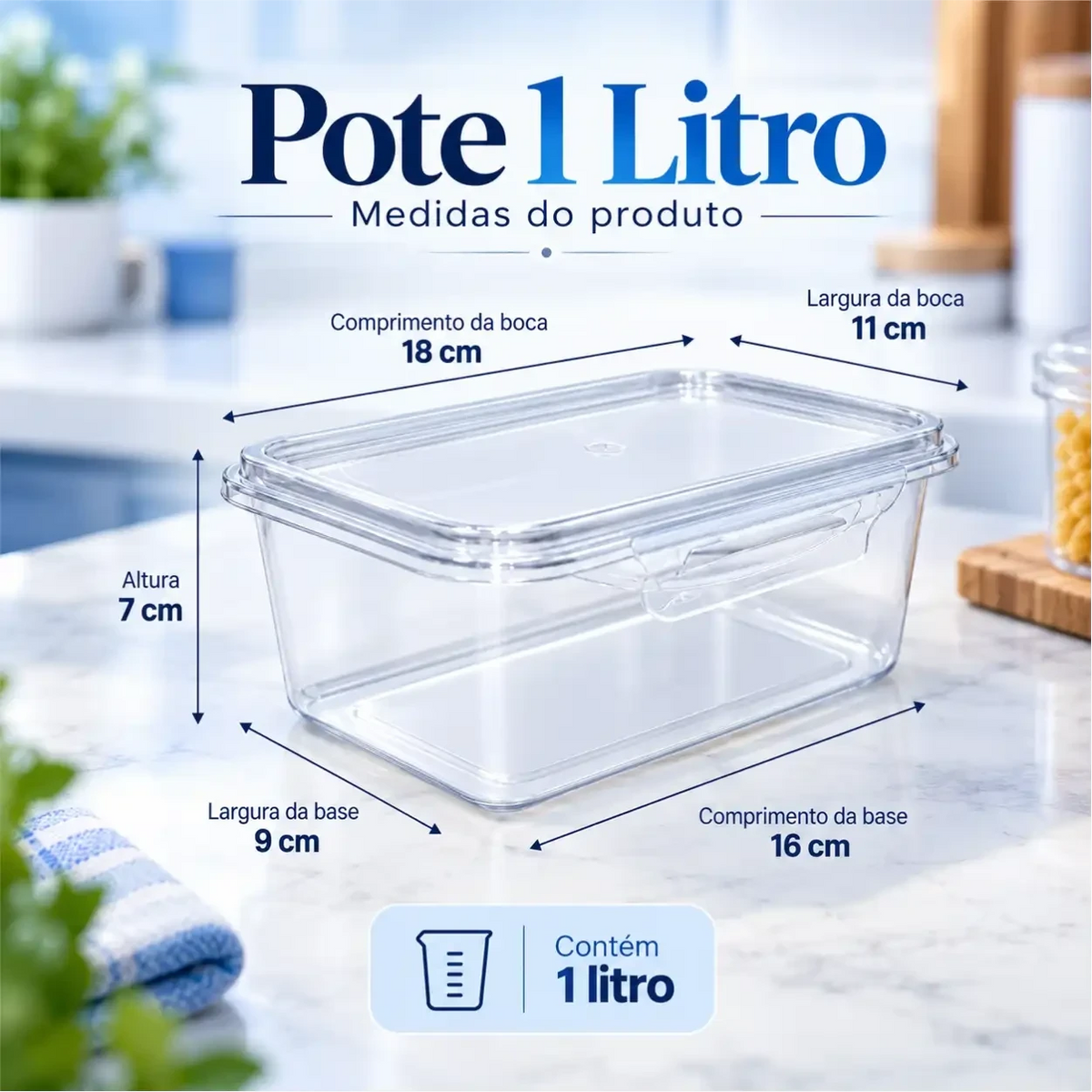 Pote hermético transparente de 1 litro Decoricasa com medidas técnicas detalhadas para organização de marmitas