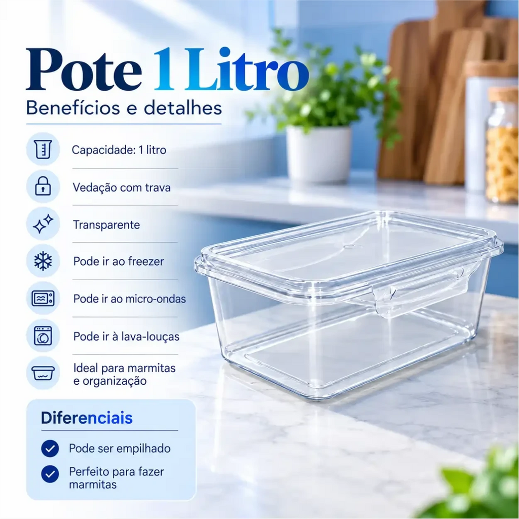 Pote hermético transparente de 1 litro Decoricasa com trava lateral para marmitas, ideal para freezer e micro-ondas.